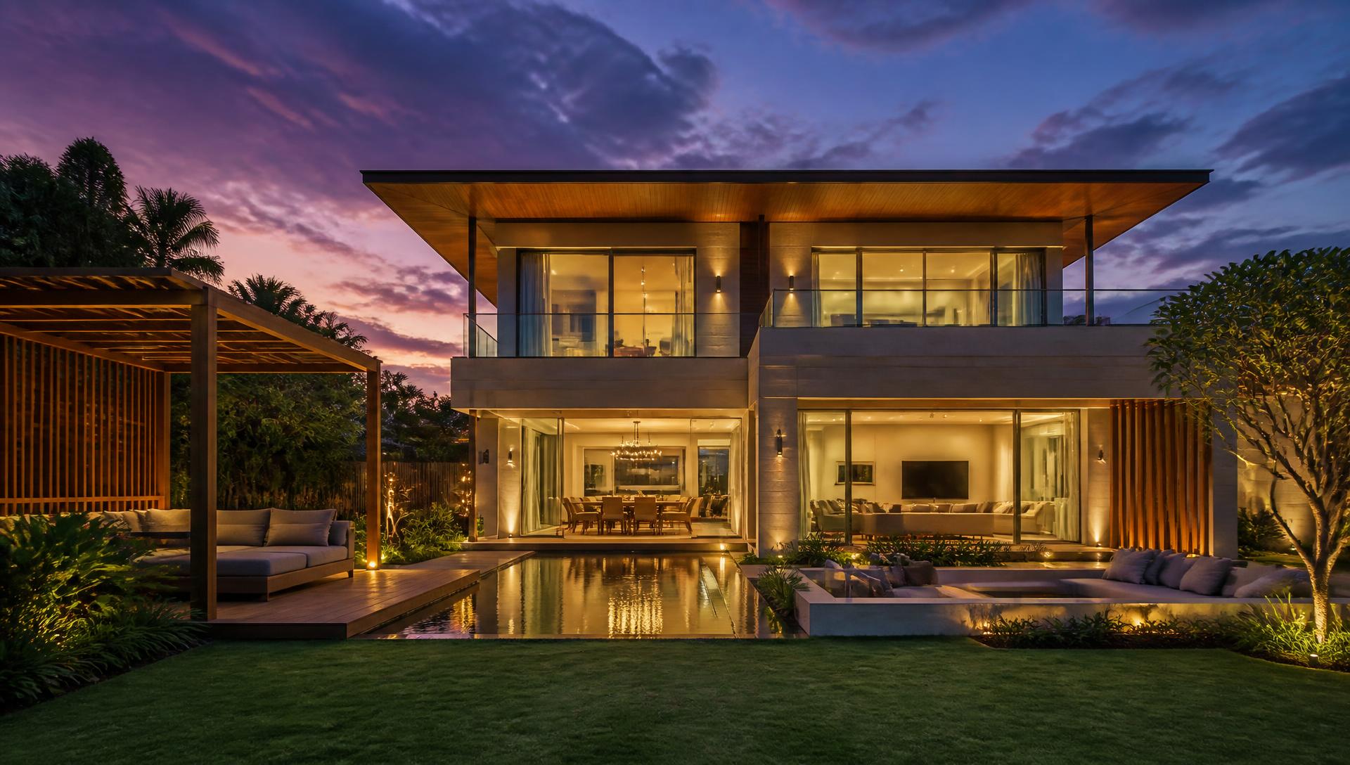 Illuminated modern family home at dusk with reflecting pool and lawn