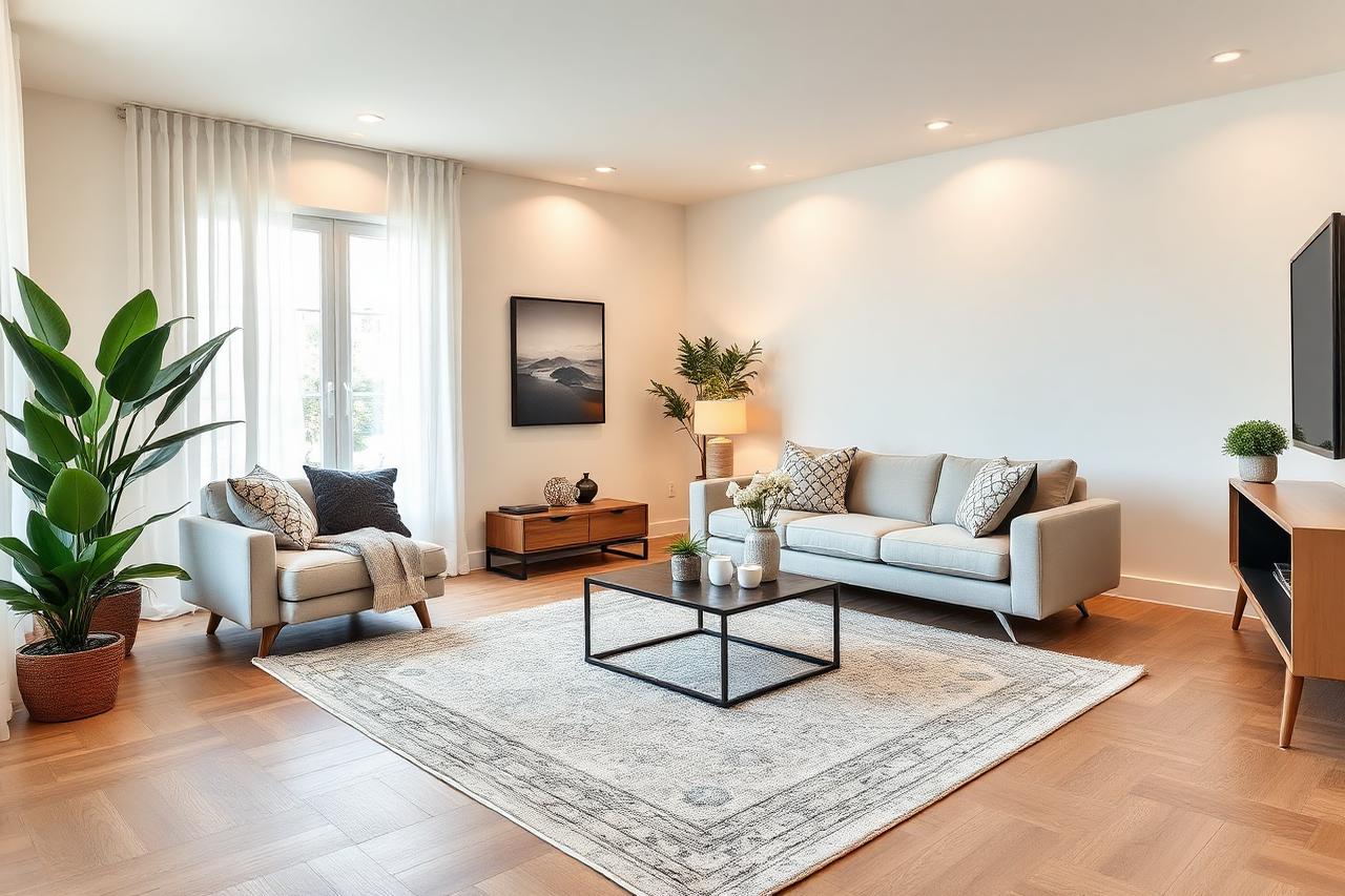 Bright furnished living room prepared for a 360 degree property view
